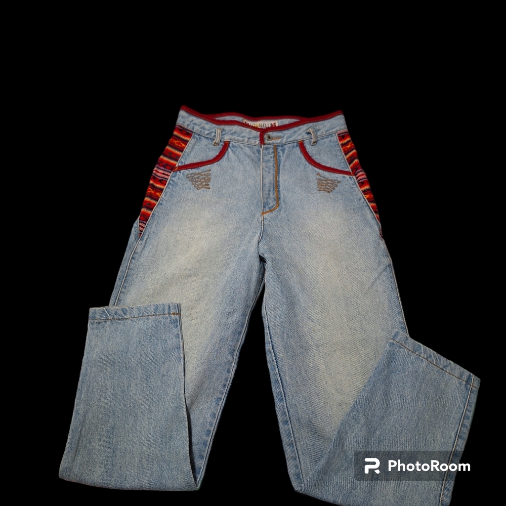 JouJou Patchwork Jeans Mom Jeans 90s Tribal Jeans 1990s Tapered Jeans Red Denim - Picture 7 of 7